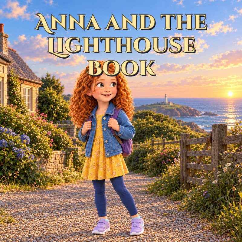 Front cover of the sample book “Anna and the Lighthouse Book”: a smiling girl with long red curls, in a denim jacket and yellow dress, stands on a garden path with a lighthouse on the headland behind her at sunset.