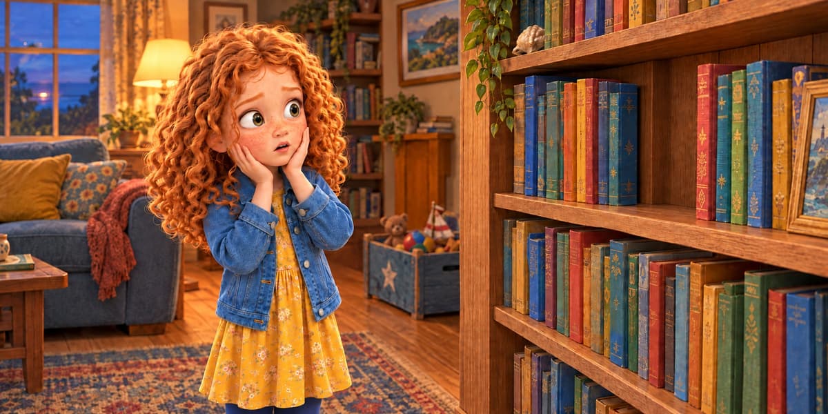 Anna, in a denim jacket and yellow dress, presses her hands to her cheeks in dismay beside a tall bookcase in her grandparents’ lamp-lit living room.