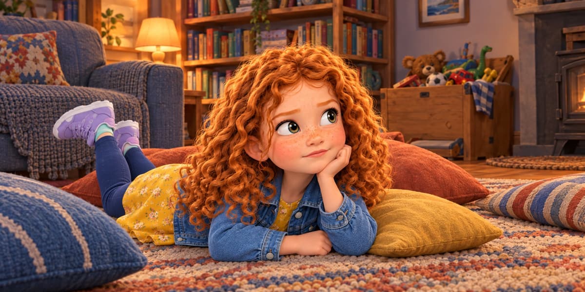 Anna lies on a woven rug among cushions, chin in her hand and feet in the air, thinking hard.