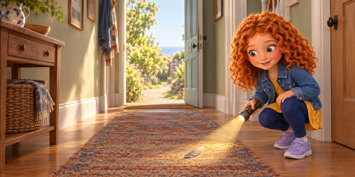 Anna crouches in a sunlit hallway, shining an old torch on a small grey feather lying on the rug.