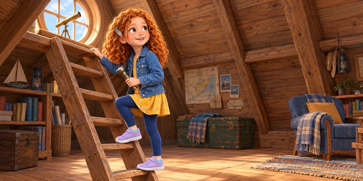 With a feather tucked behind her ear and a torch in her hand, Anna climbs a wooden ladder into a sunny attic room with a round window and a telescope.