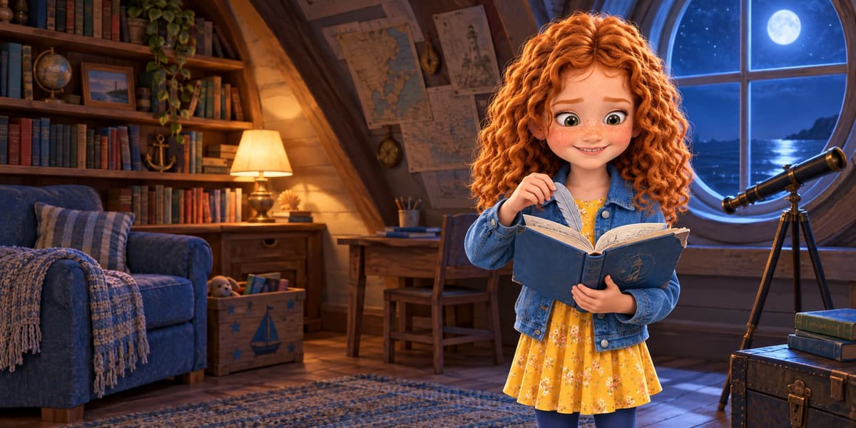 In the attic at night, Anna smiles as she opens the blue Lighthouse Book and tucks the gull feather inside, with the moon shining through the round window behind her.