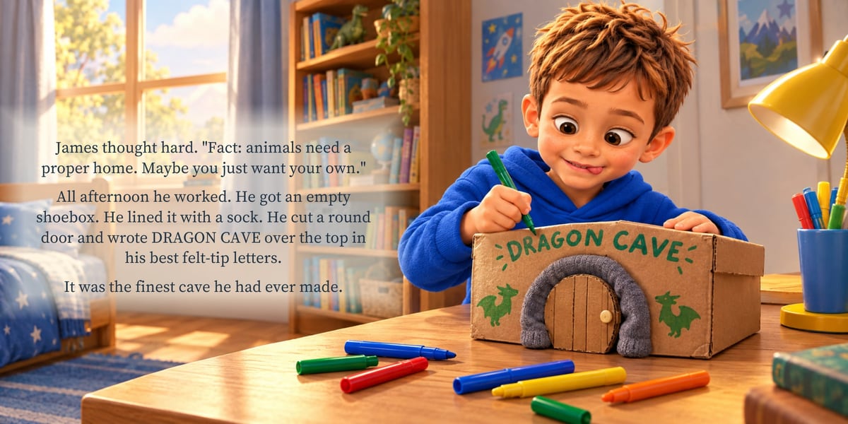 The printed version of spread 7: the story text is set on a soft light panel over the bedroom on the left page, with James making the Dragon Cave on the right.