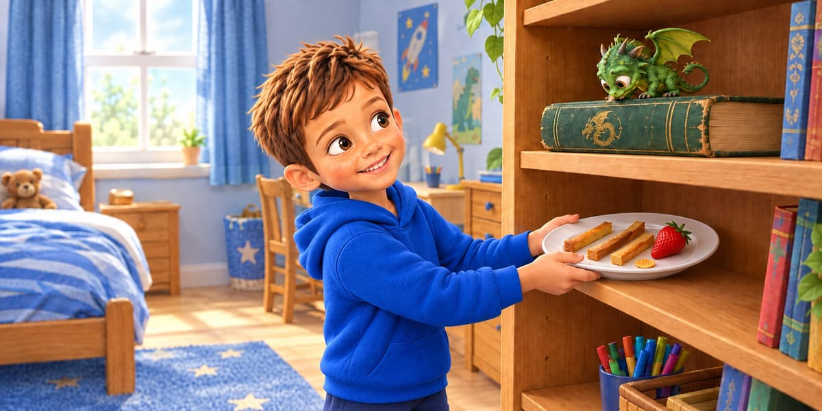 James, in a blue hoodie, grins as he holds up a plate of toast and a strawberry to a tiny green dragon perched on a book on his bookshelf, in a bright, sunlit bedroom.